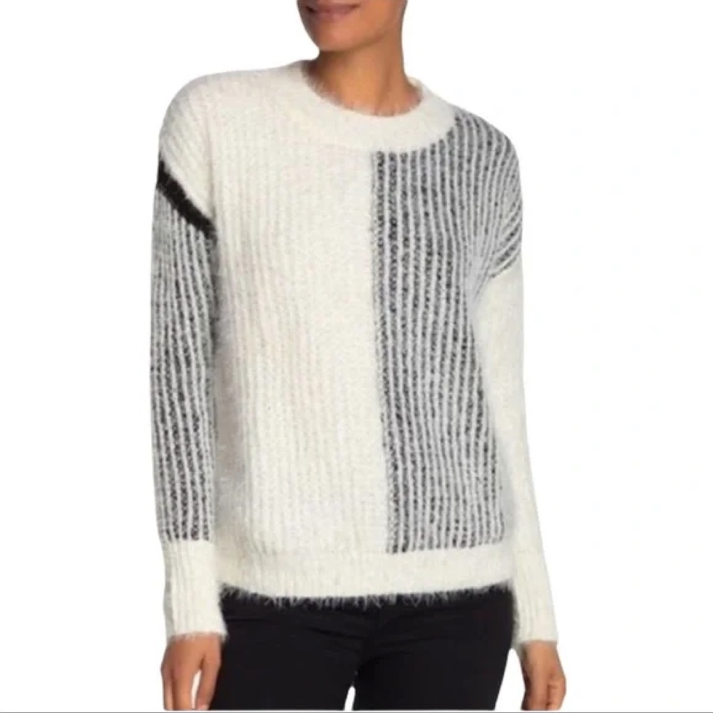 Bobeau Fuzzy Eyelash Colorblock Crewneck Pullover Sweater